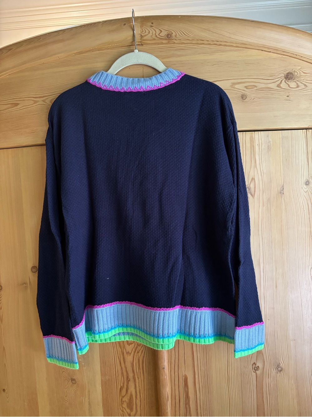 Lisa Todd Navy Crewneck Sweater with Blue, Pink & Neon Green Trim - Picture 2 of 5